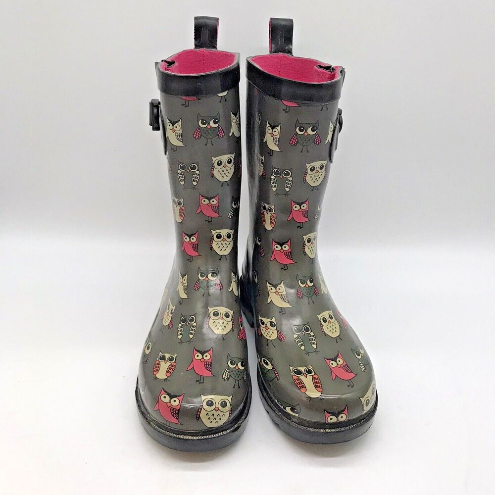 Capelli New York Shiny Pop Owl Printed Rain Boots Kid's 2 Gray Black Rain Gear - Picture 2 of 10